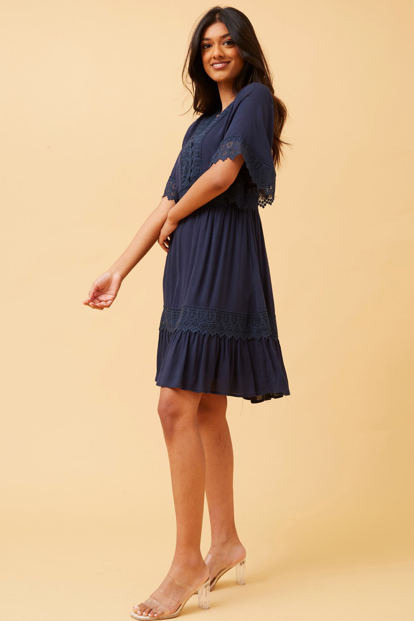 Lilah Lace Trim Dress Navy D731197