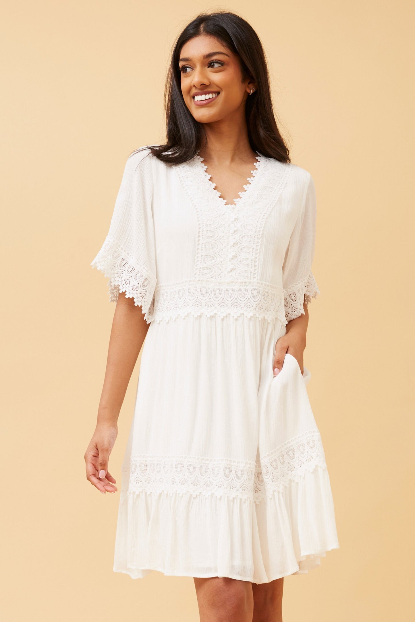 Lilah Lace Trim Dress - White D731197