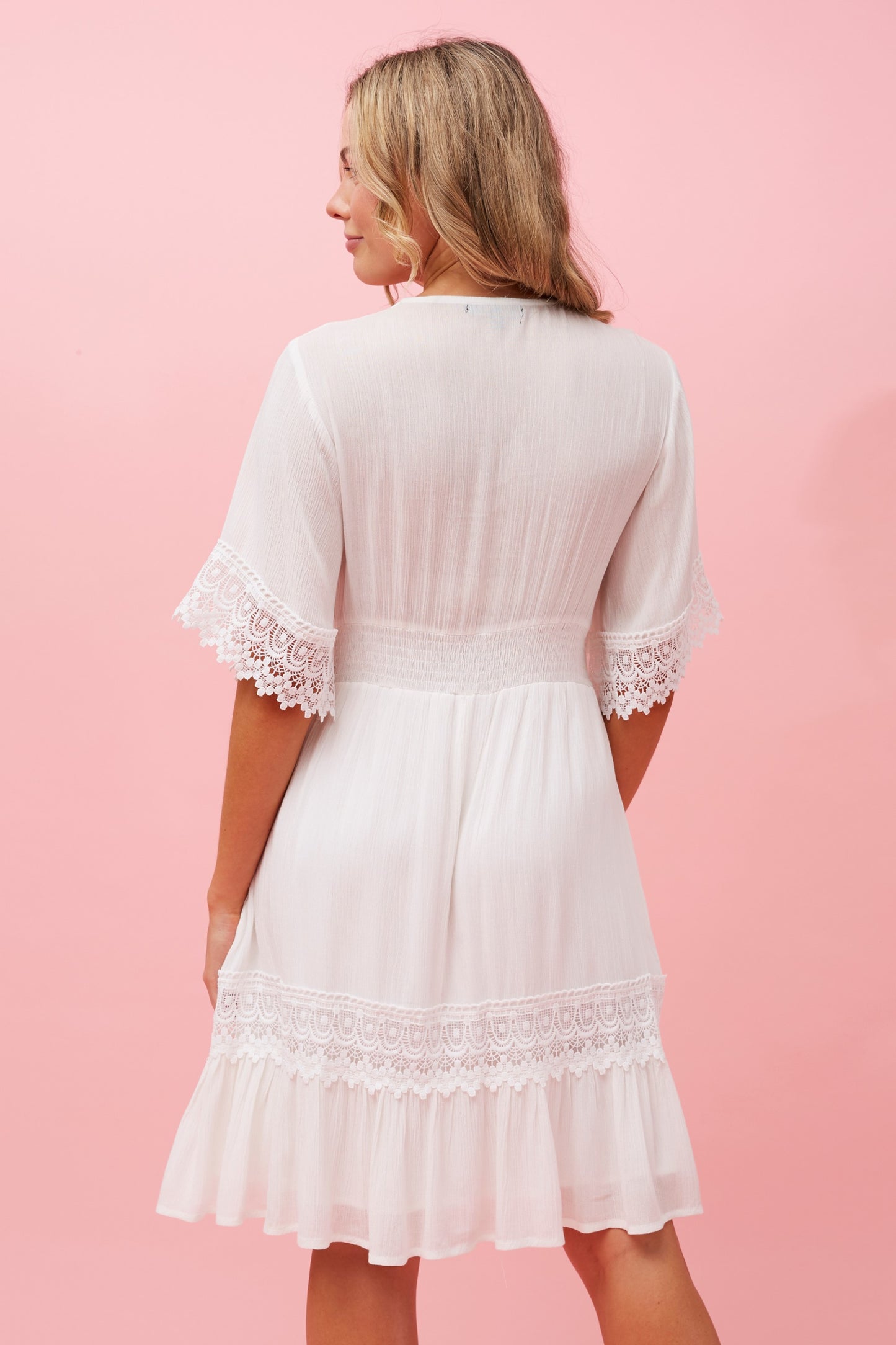 Lilah Lace Trim Dress - White D731197