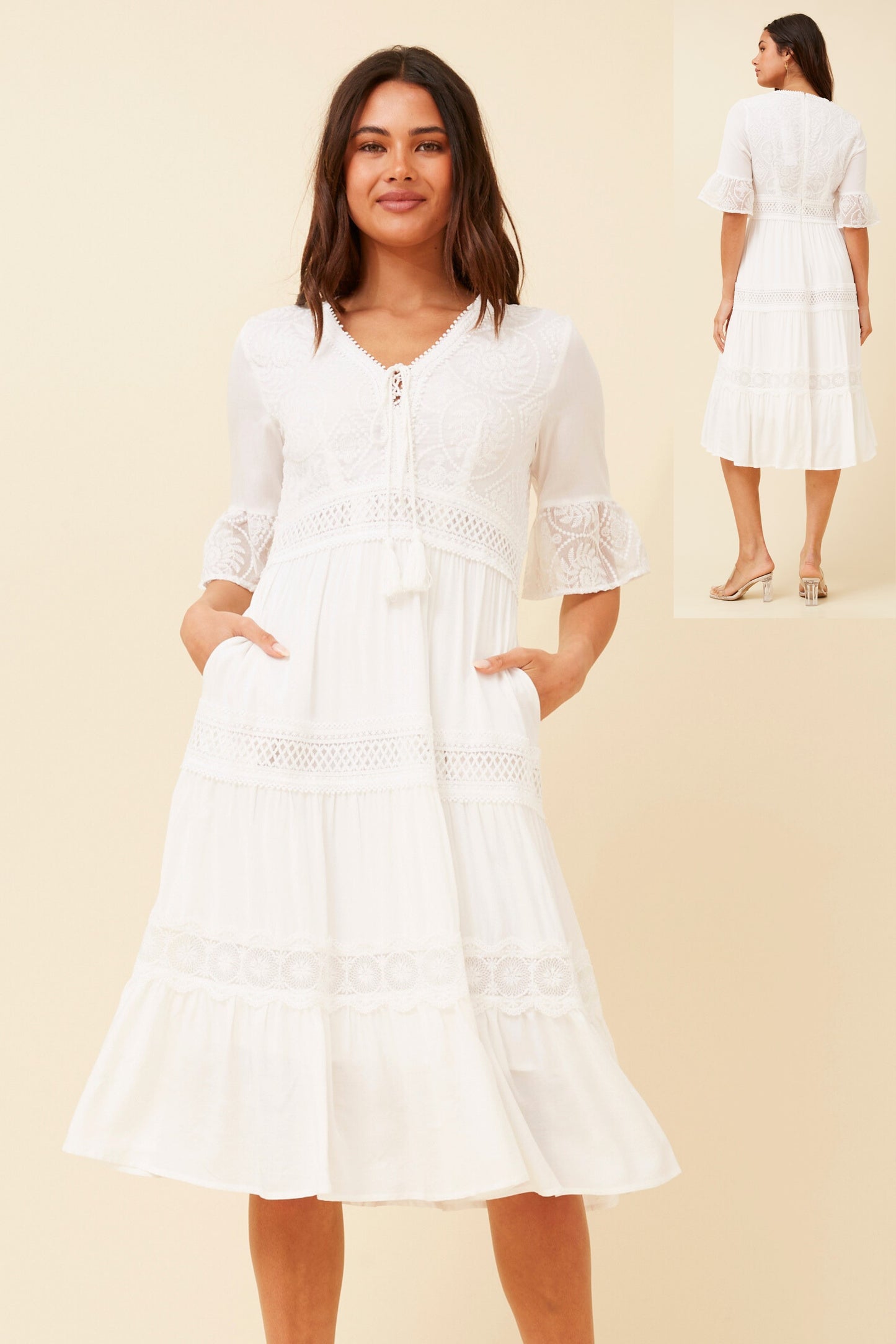 Naya Midi Dress with Lace Trim Details - White D73245