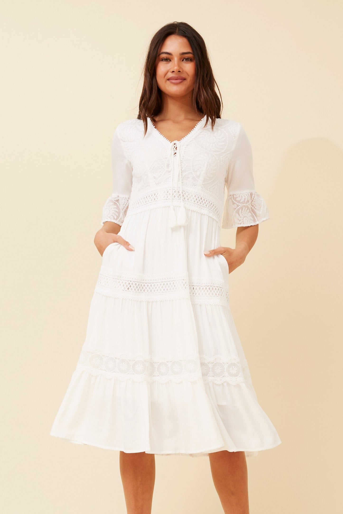 Naya Midi Dress with Lace Trim Details - White D73245