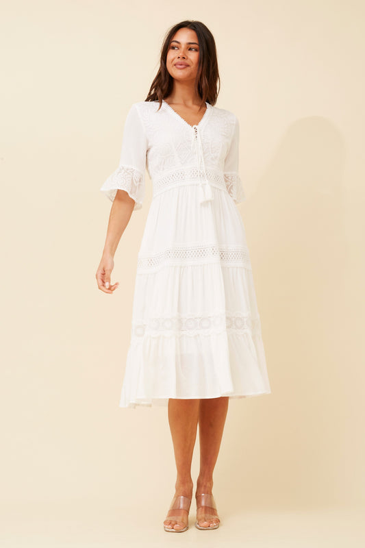 Naya Midi Dress with Lace Trim Details - White D73245