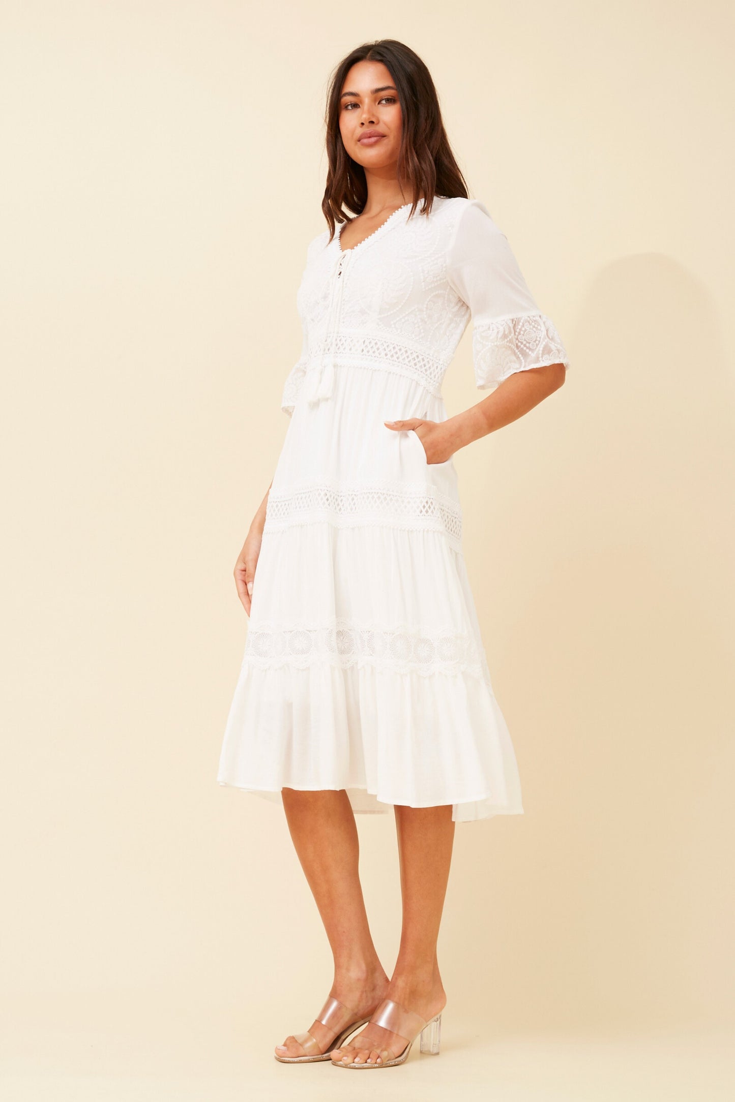 Naya Midi Dress with Lace Trim Details - White D73245