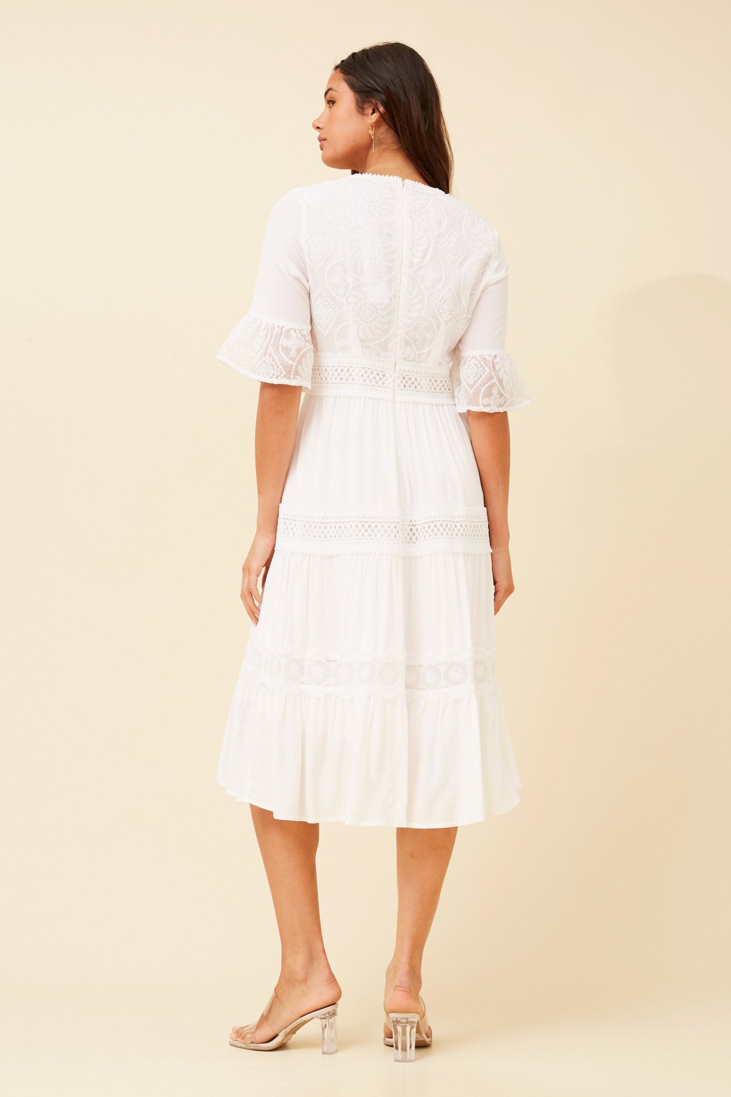 Naya Midi Dress with Lace Trim Details - White D73245