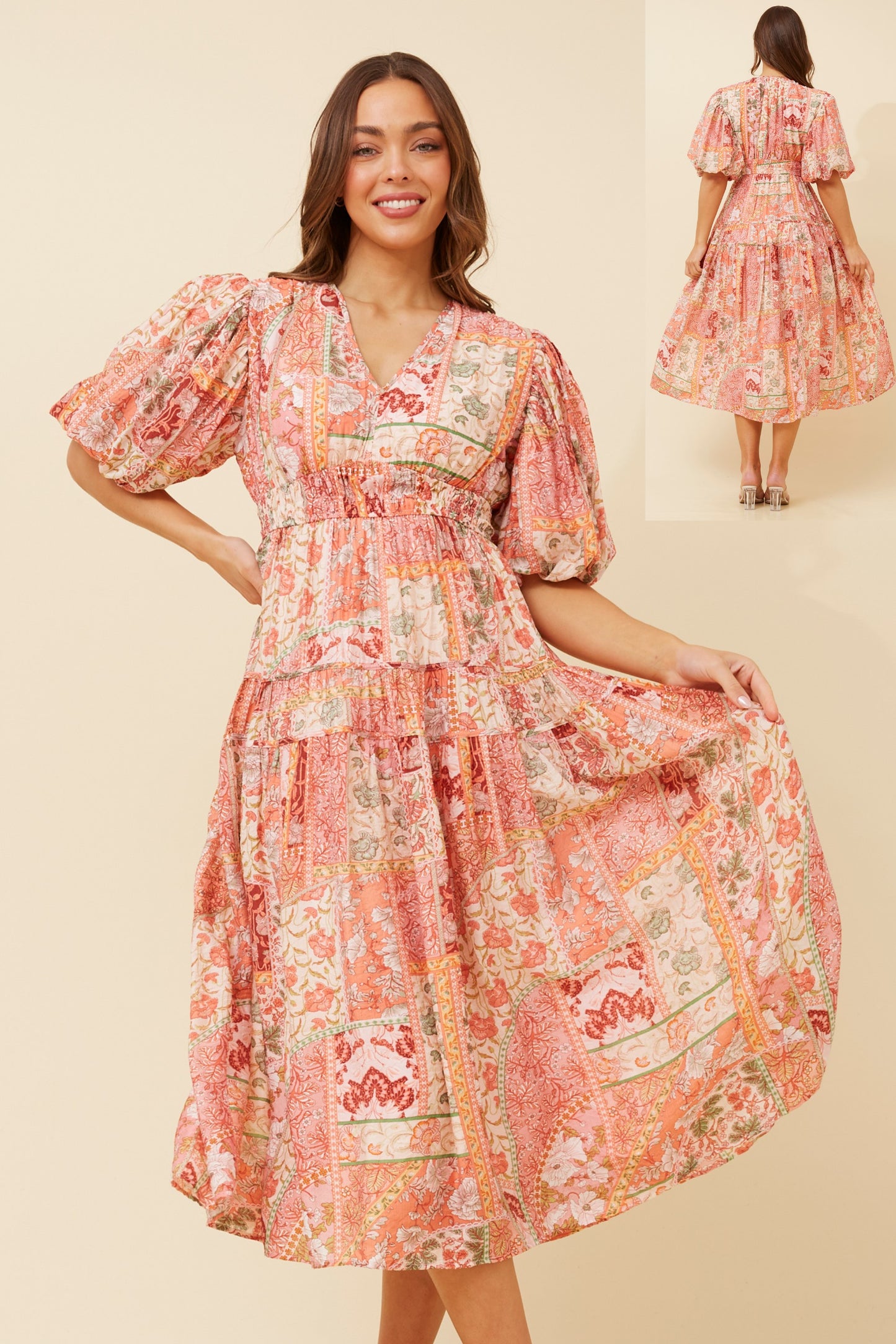 Freya Puffy Sleeves Floral Dress -Pink D732882