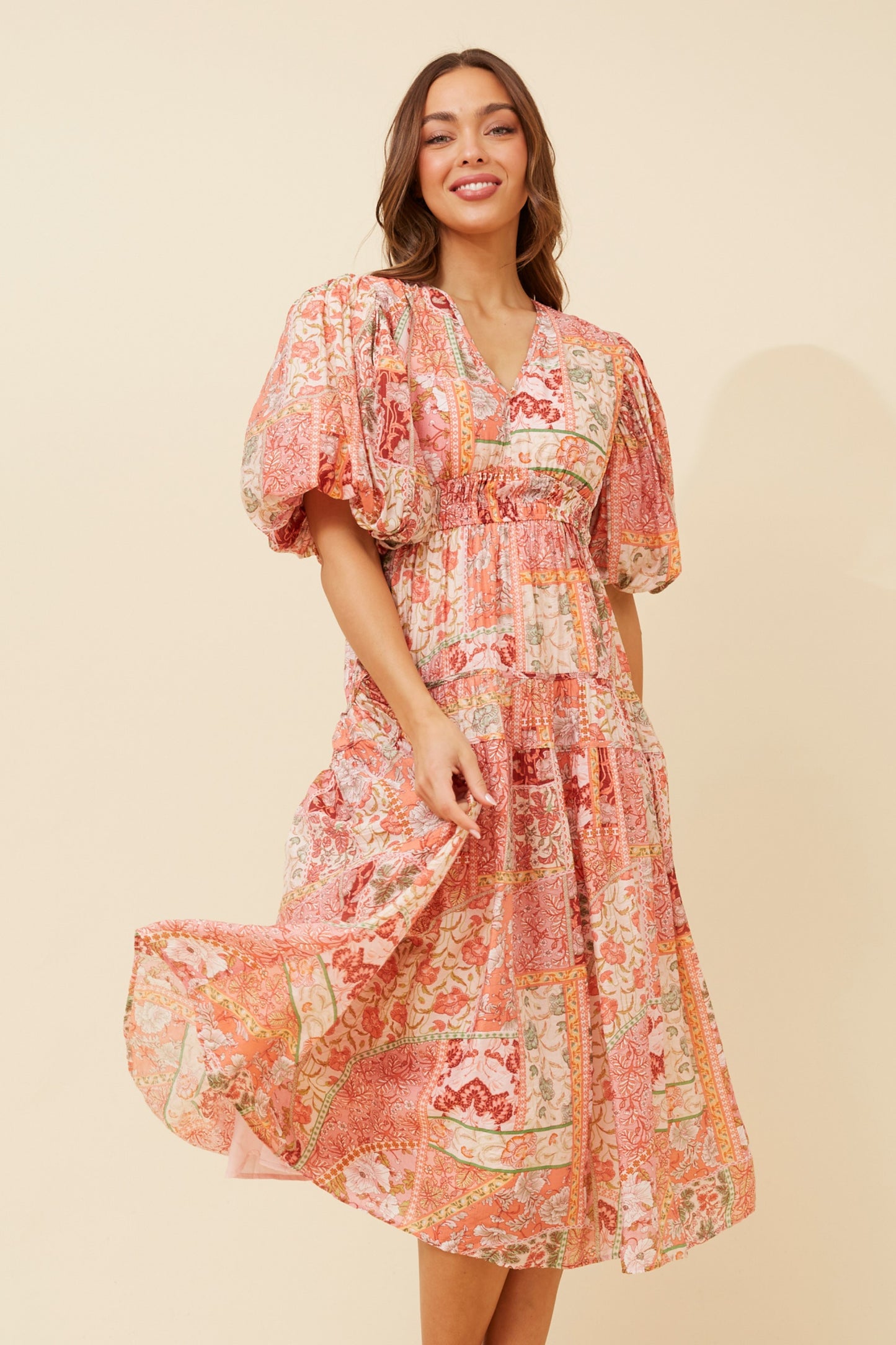 Freya Puffy Sleeves Floral Dress -Pink D732882