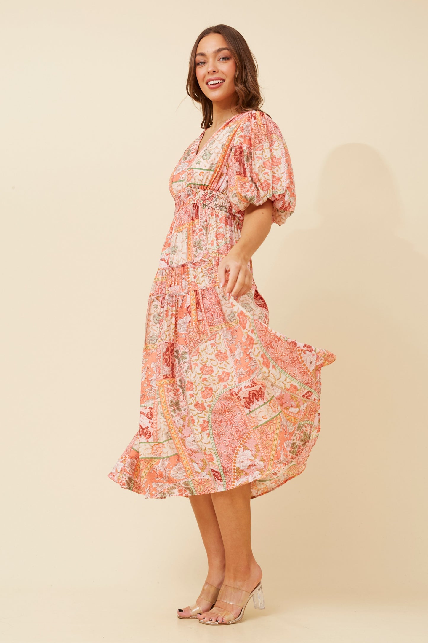 Freya Puffy Sleeves Floral Dress -Pink D732882