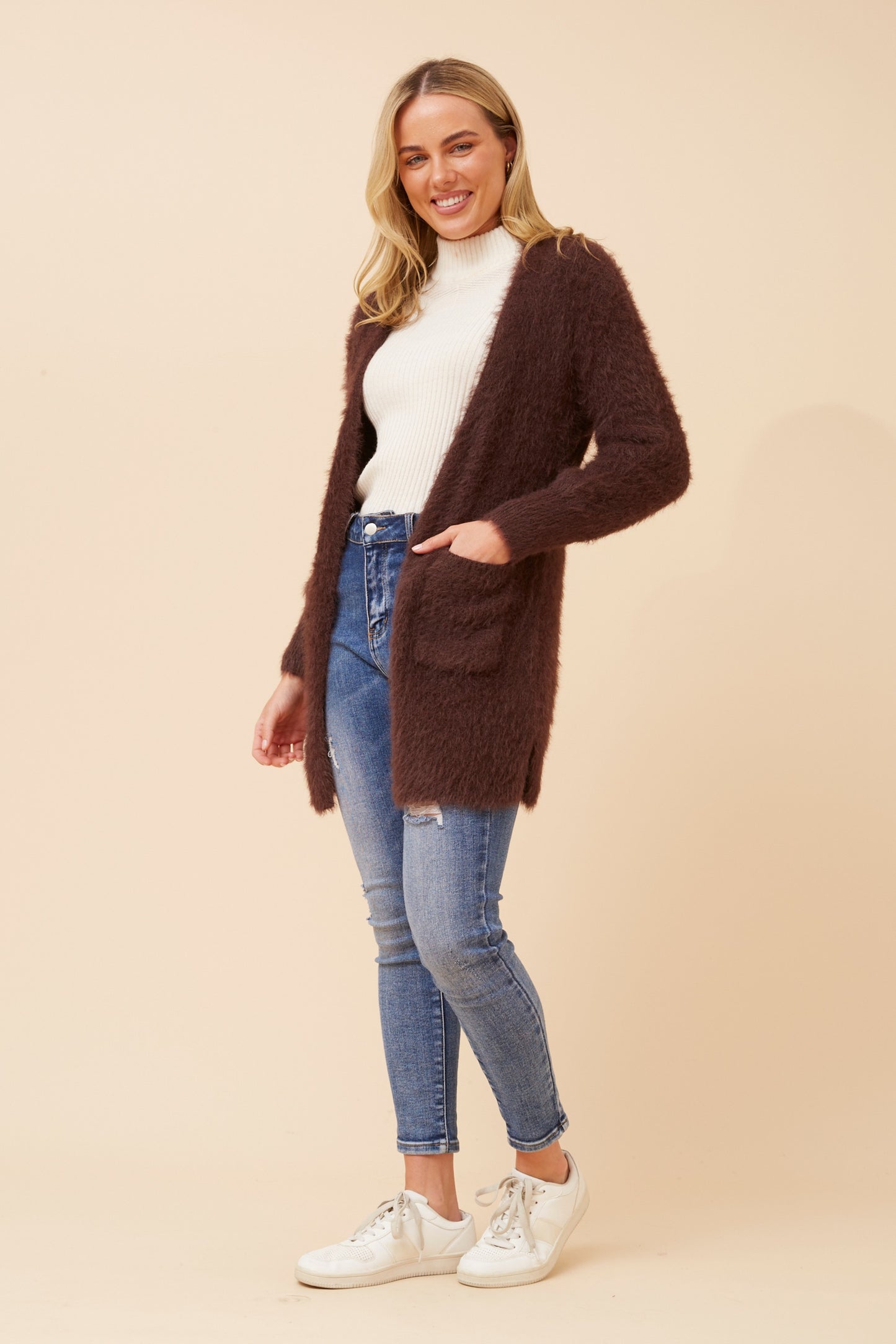 Davie Long Sleeves Eyelash Knit Cardigan KC522871 - Chocolate