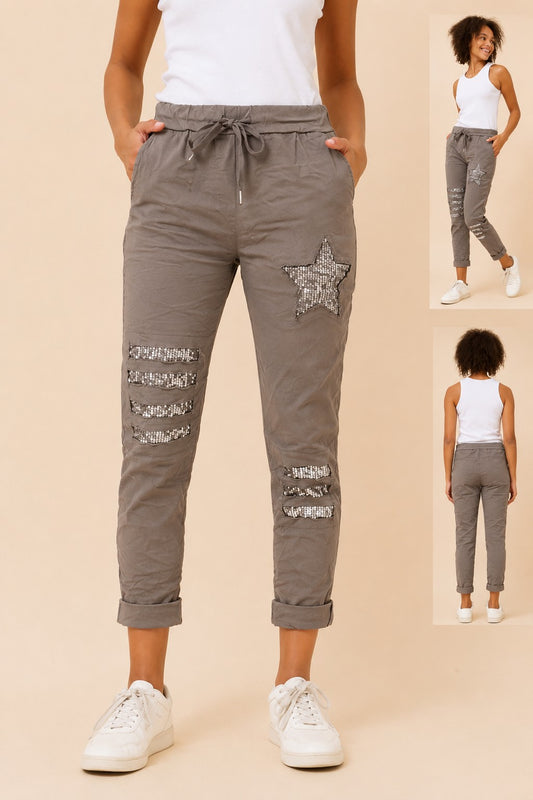 Star Sequin Patches Italian Pant - Fango  P521148