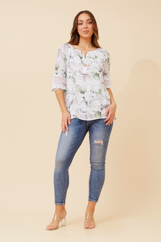 Reba Print Peasant Top - Green T523337