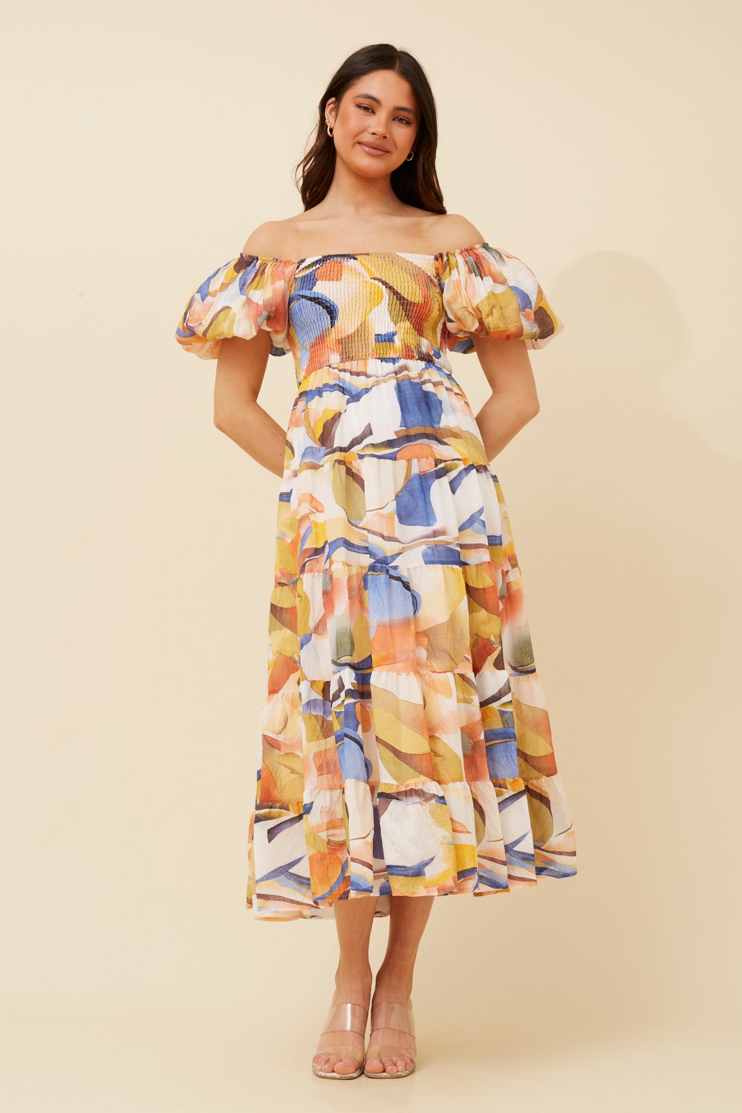 Cassandra Puff Sleeve Dress Multi Blue D517020