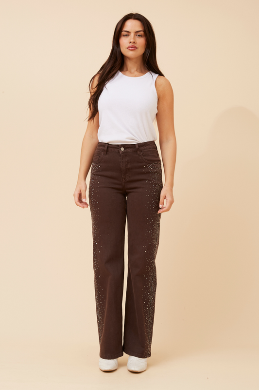 Nish Diamante Denim Pants P524856 Chocolate