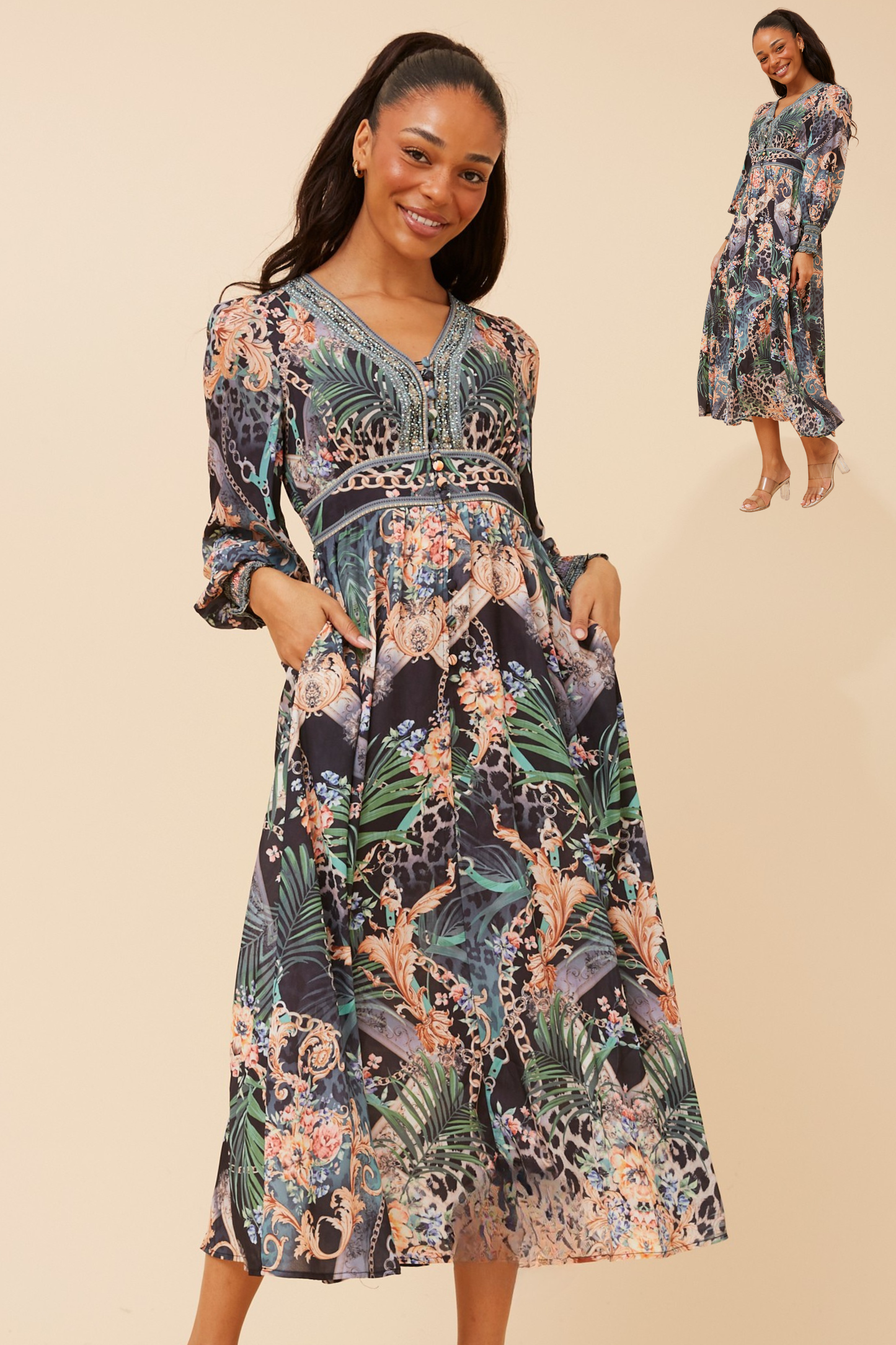 Rue Diamante Detail Midi Dress D524875 Multi Green