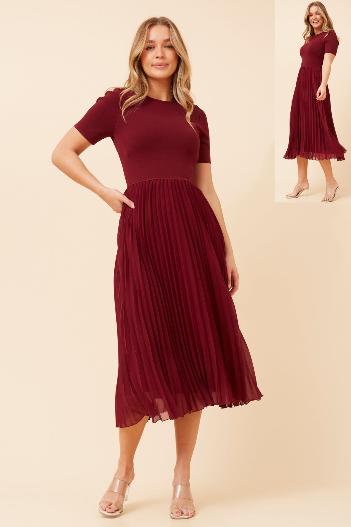 Siyra Pleated Knit Dress KD523893 Red Dahlia