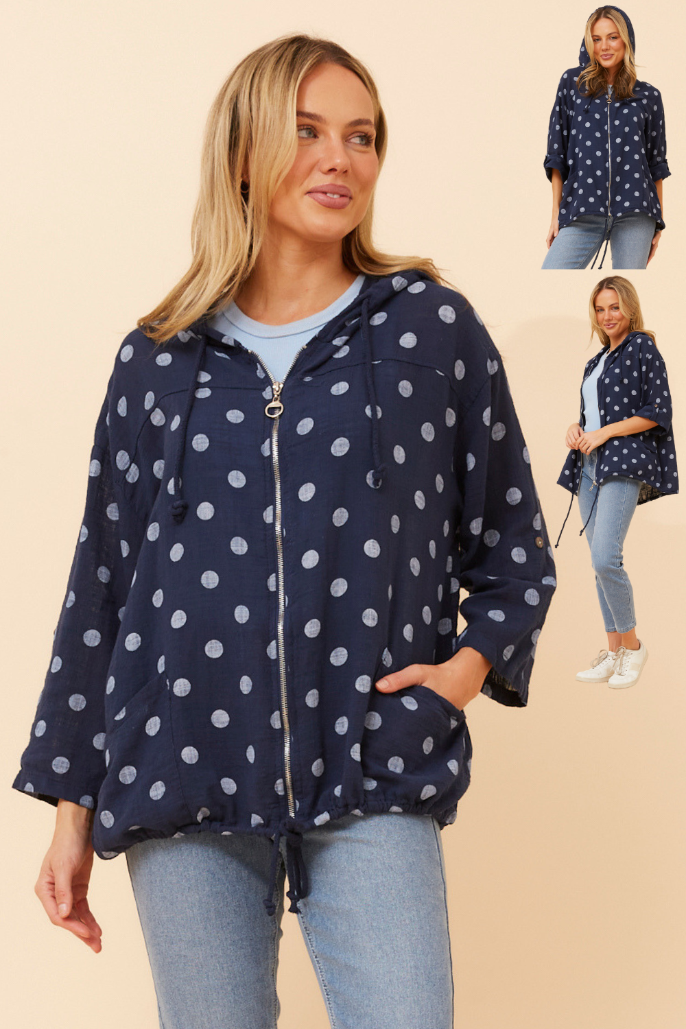 Seta Polka Dot Printed Hoody Jacket J526469 Navy/White