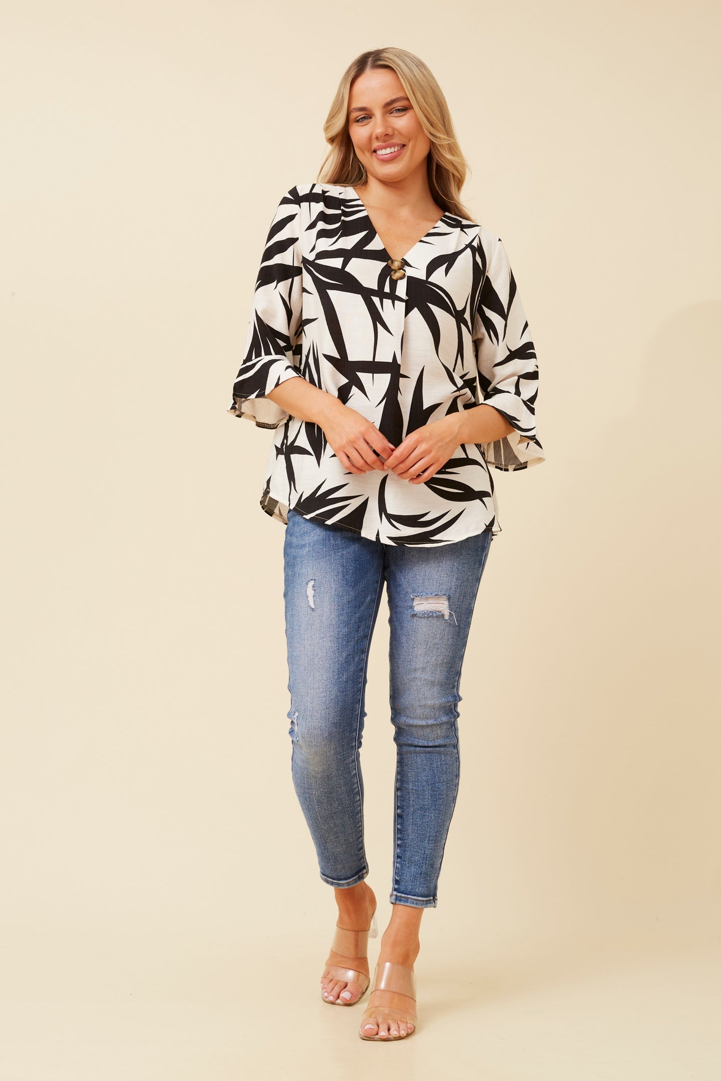 Jovie Leaf Print Top T522446 White & Black