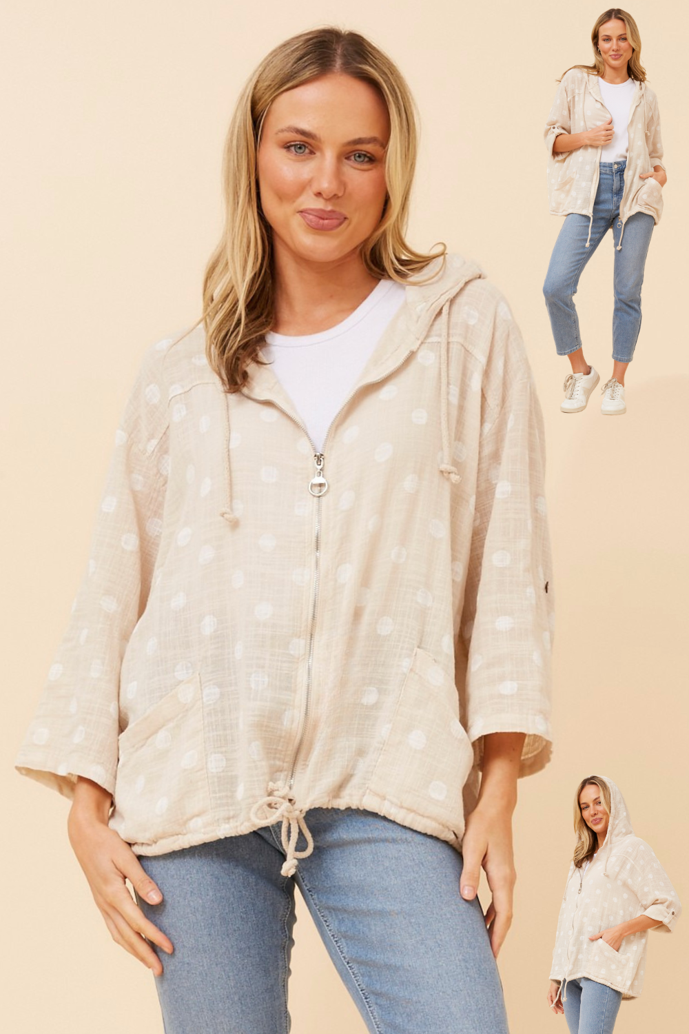 Seta Polka Dot Printed Hoody Jacket J526469 Beige/White