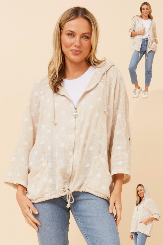 Seta Polka Dot Printed Hoody Jacket J526469 Beige/White
