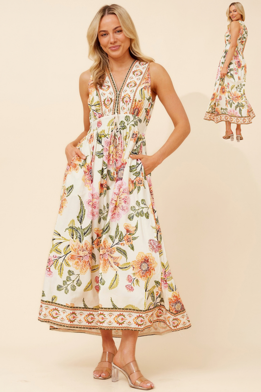 Elisa Floral Border Print Dress D526814 Ivory