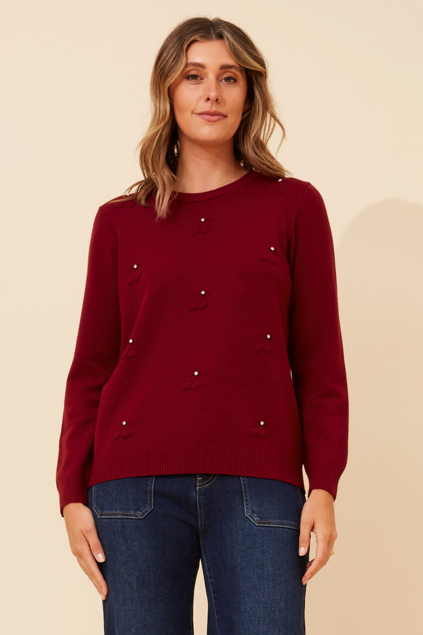 Gracie Pearl Detail Knit KP525903 Burgundy