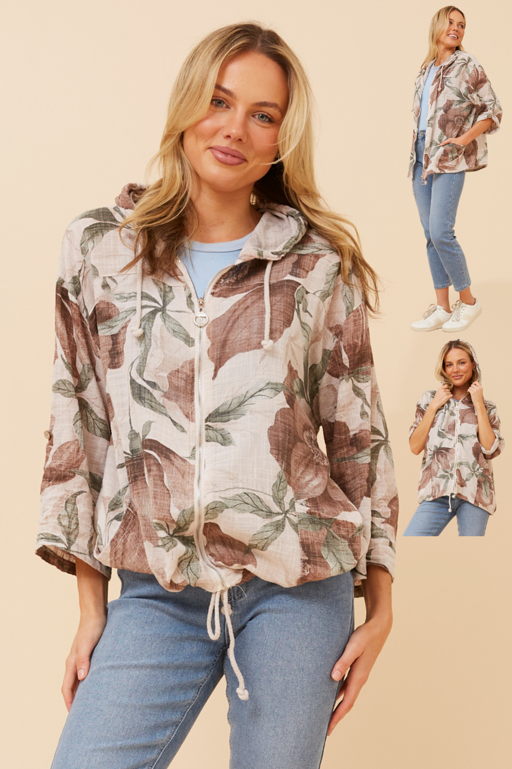Seta Abstract Printed Hoody Jacket J526470  Beige