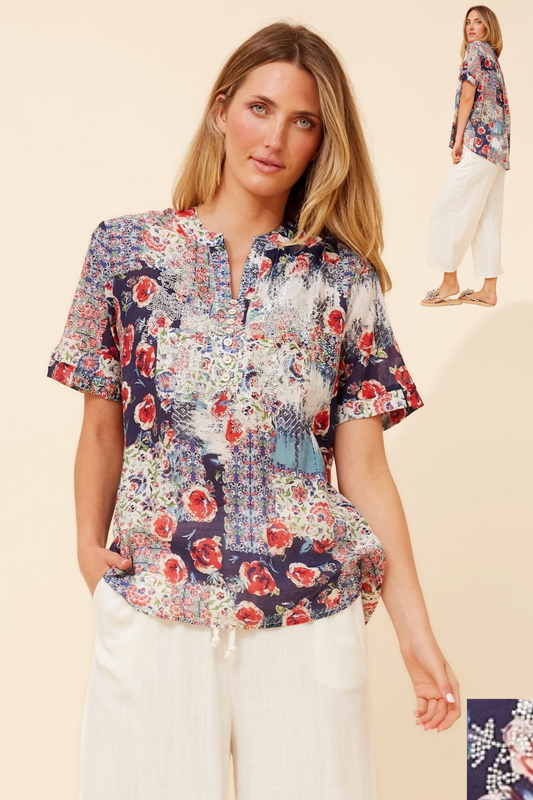 Juliette Patchwork Diamante Blouse T736498 Navy