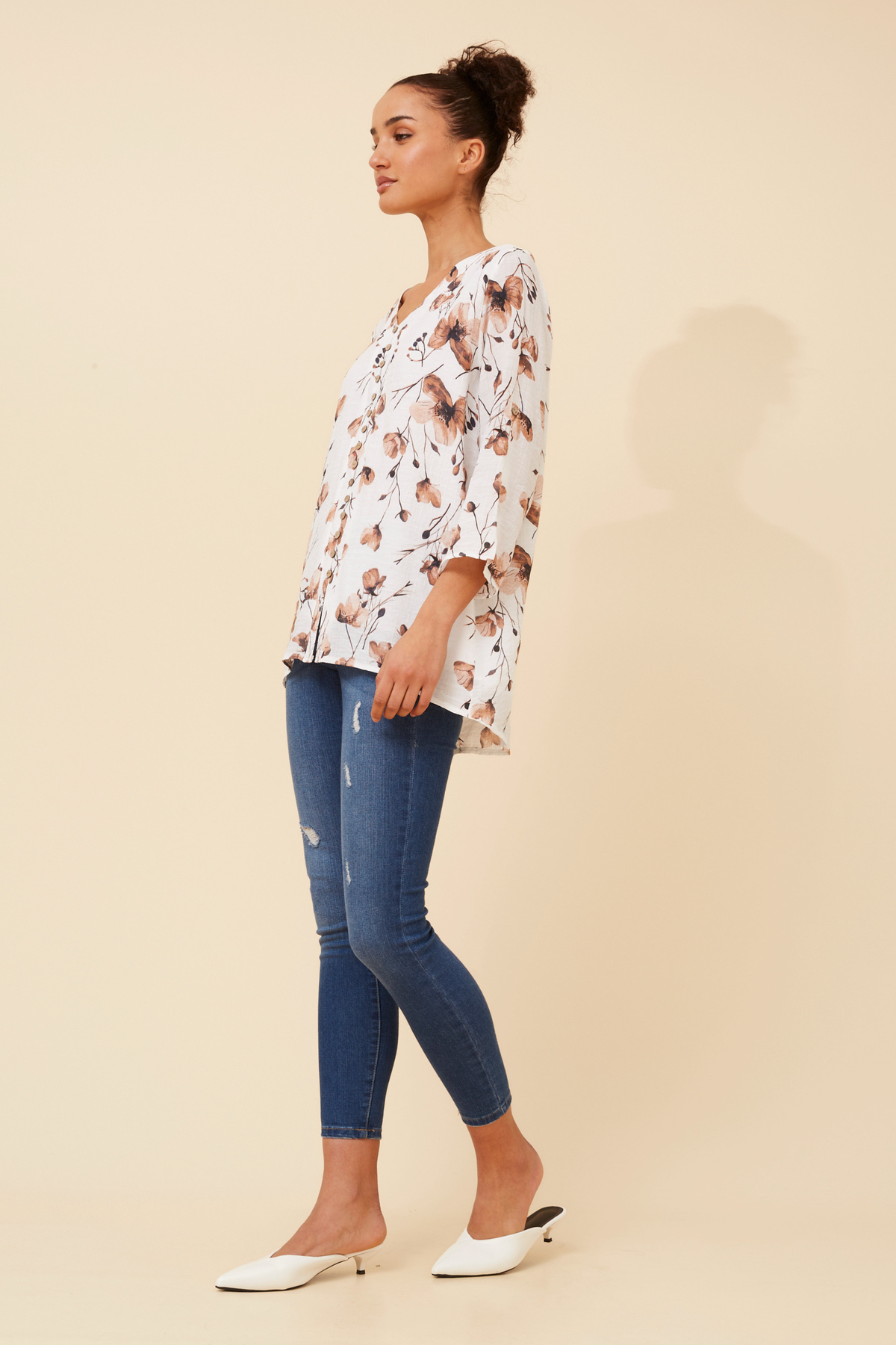 Edie Floral Print Button Top T526521 Toffee