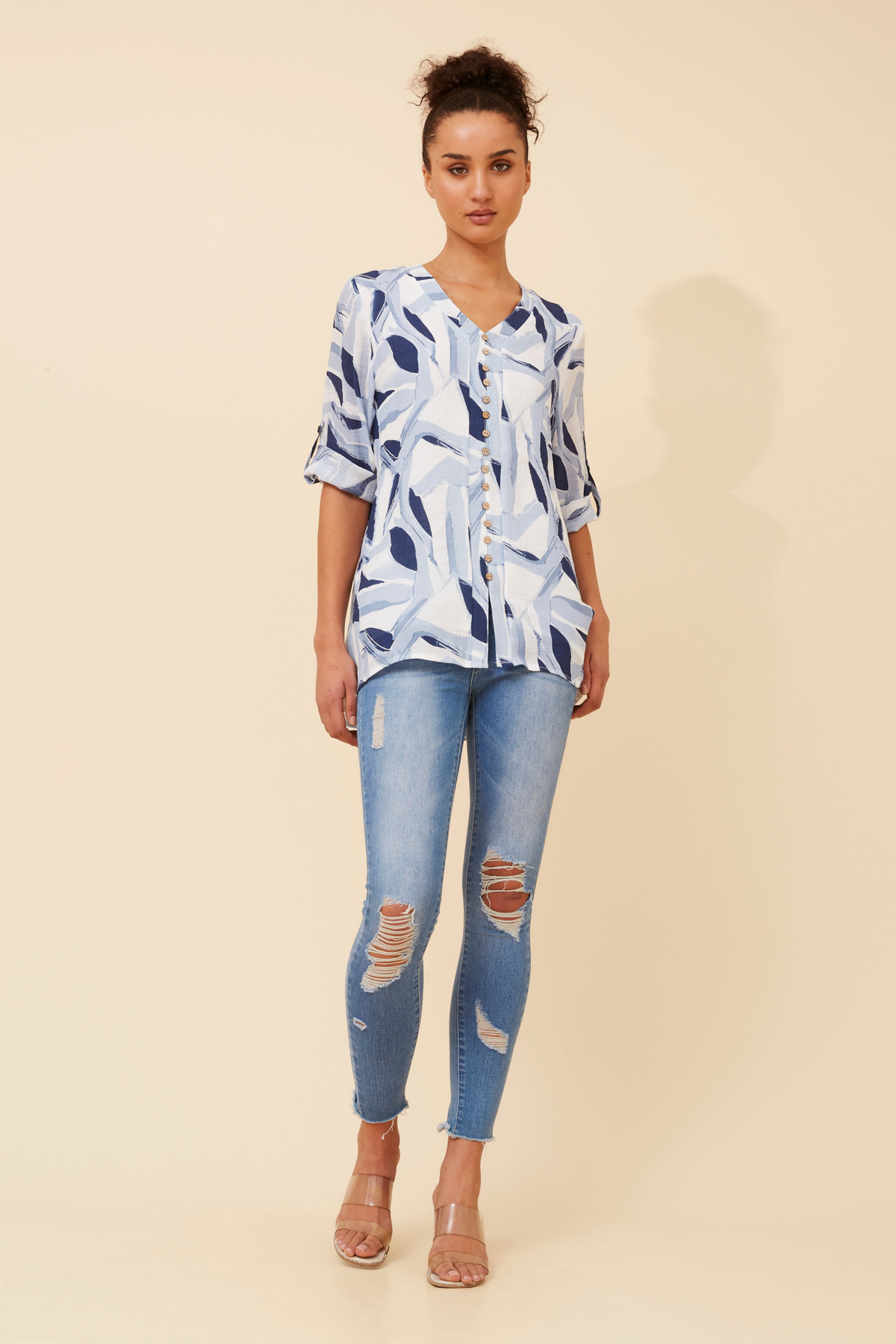 Edie Floral Print Button Top T526718 Blue