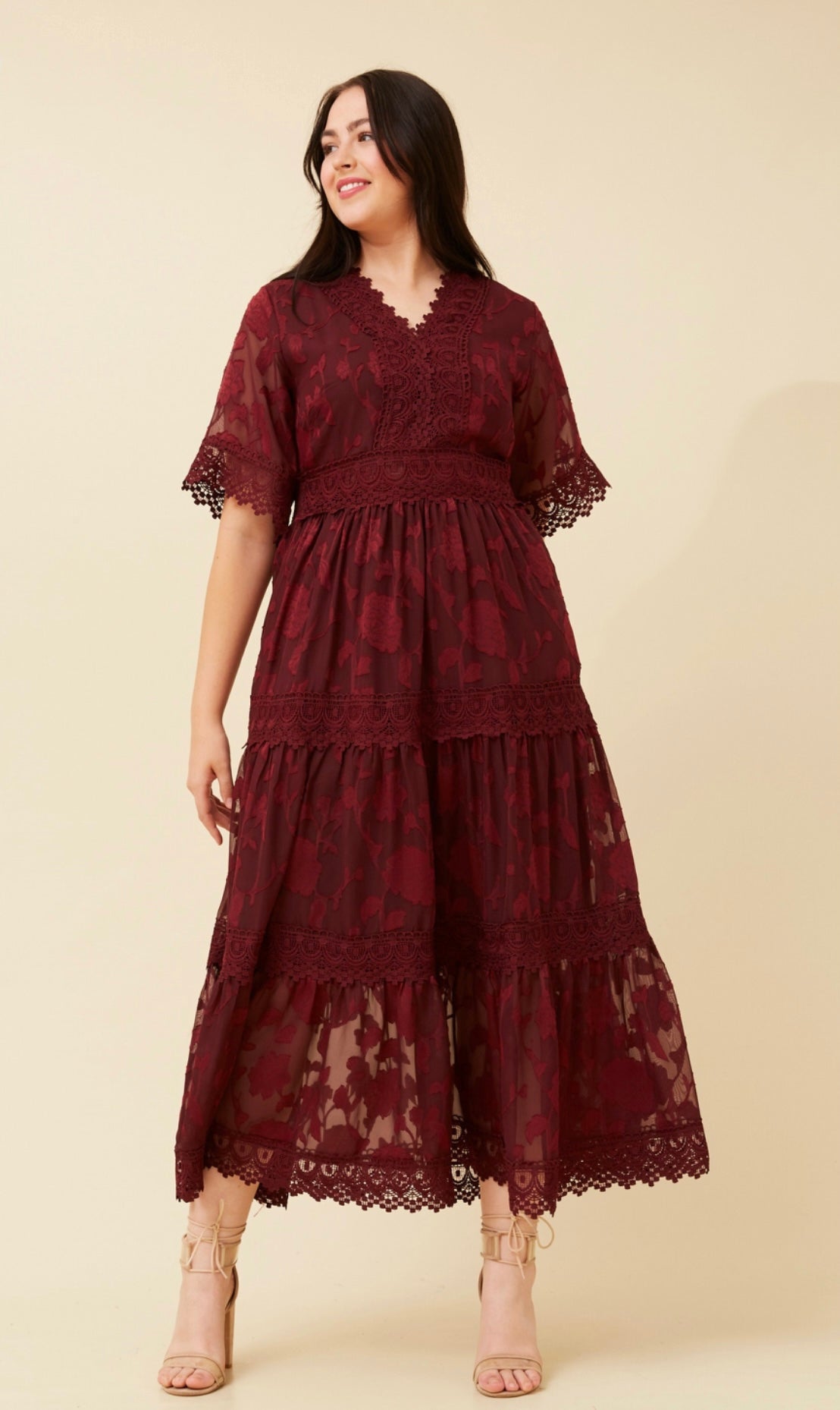 Alexia Lace Trim Dress - Burgundy D521391