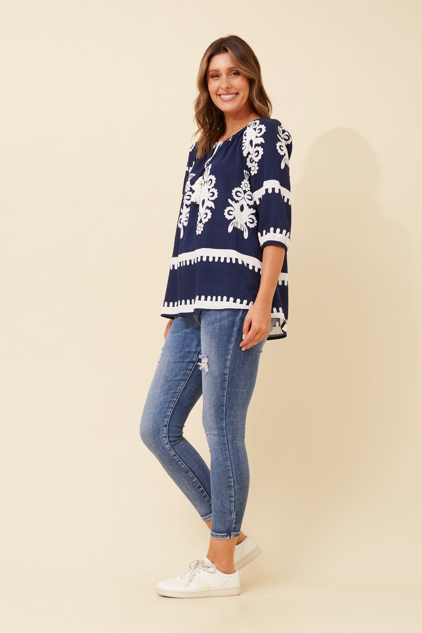 Amara Boho Print Blouse T523164 Navy