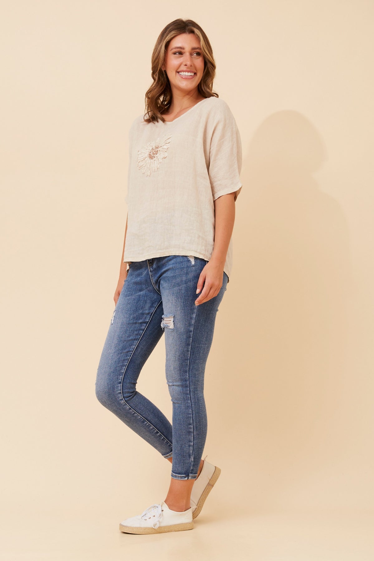 Liliana Italian Floral Patchwork Top T525137 Linen