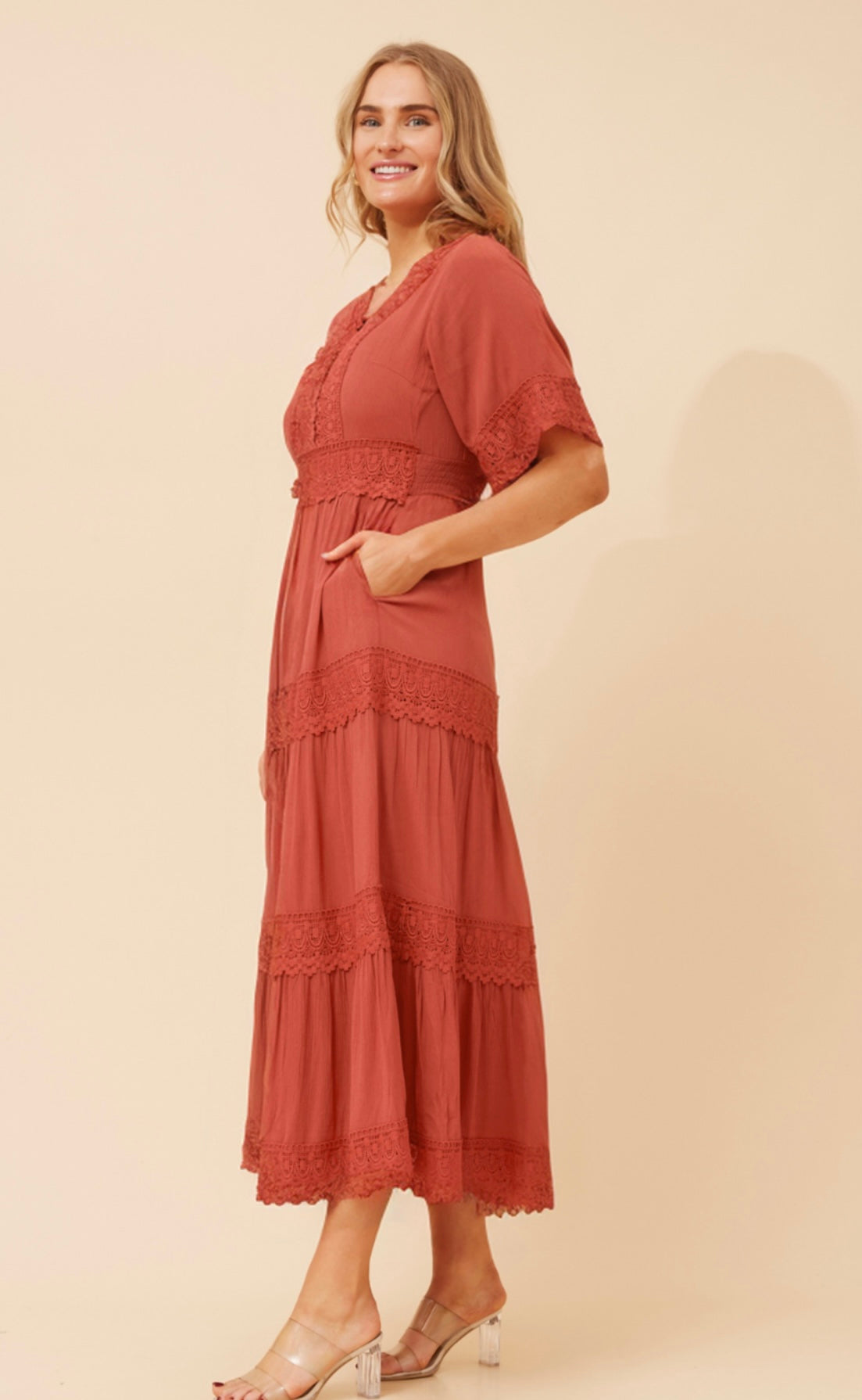 Alexia Lace Trim Dress - Terracotta D512419