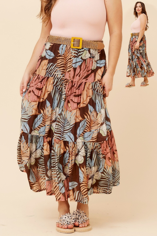 Evelina Leaf Print Maxi Skirt S526620 Chocolate