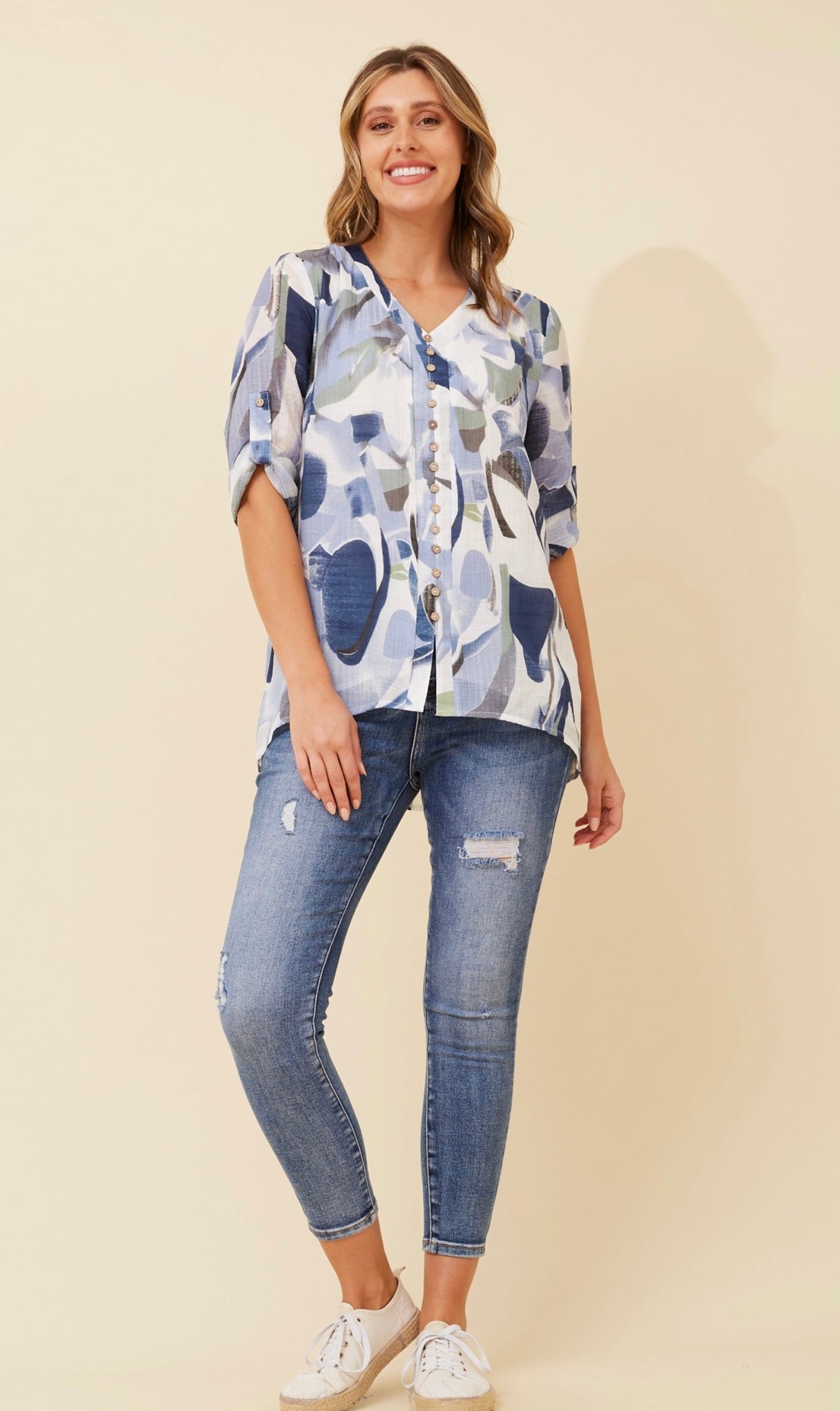 Edie Floral Print Button Top - Blue T520603