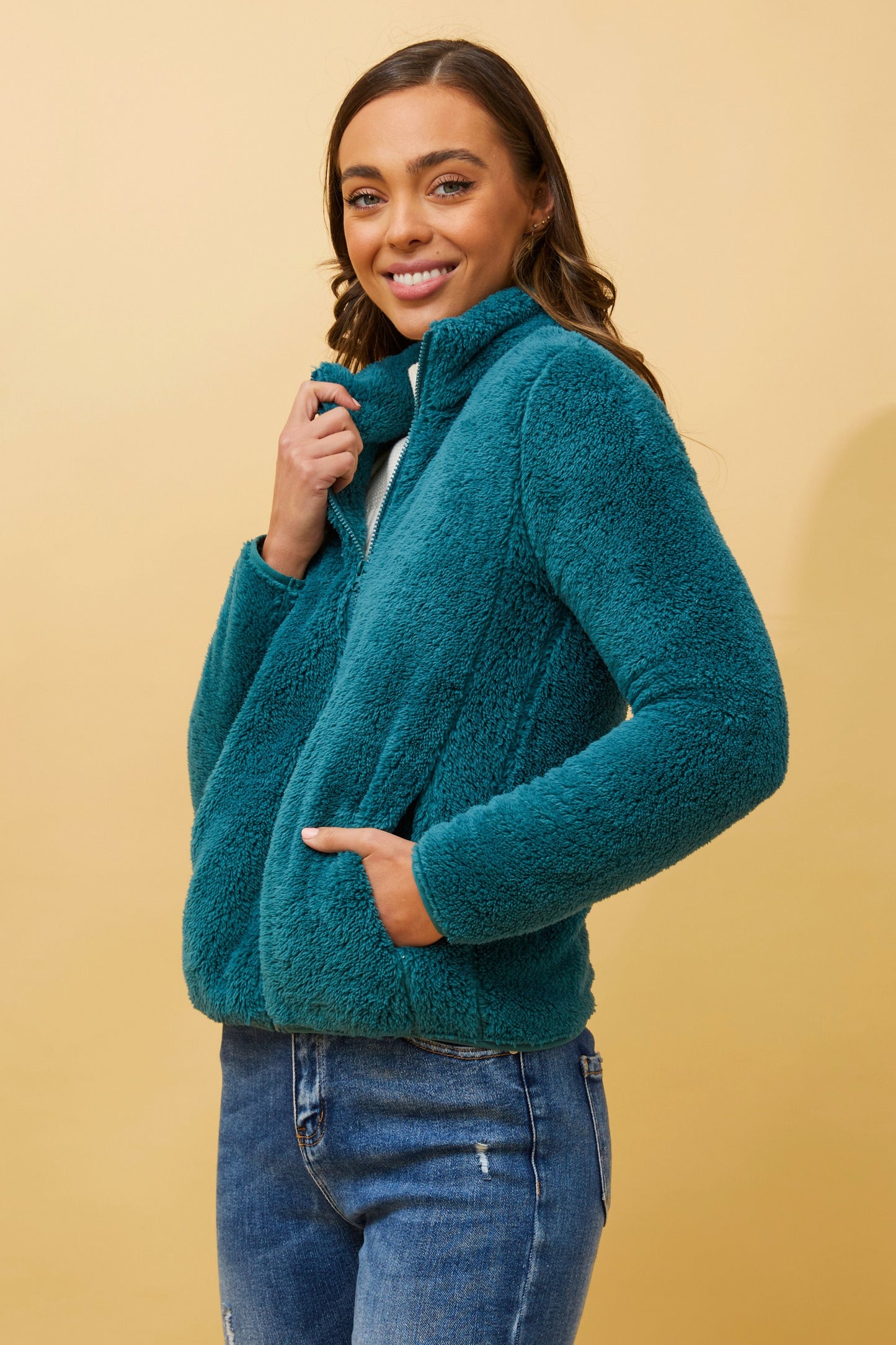 Front FAUX FUR Jacket- Deep Teal J508971