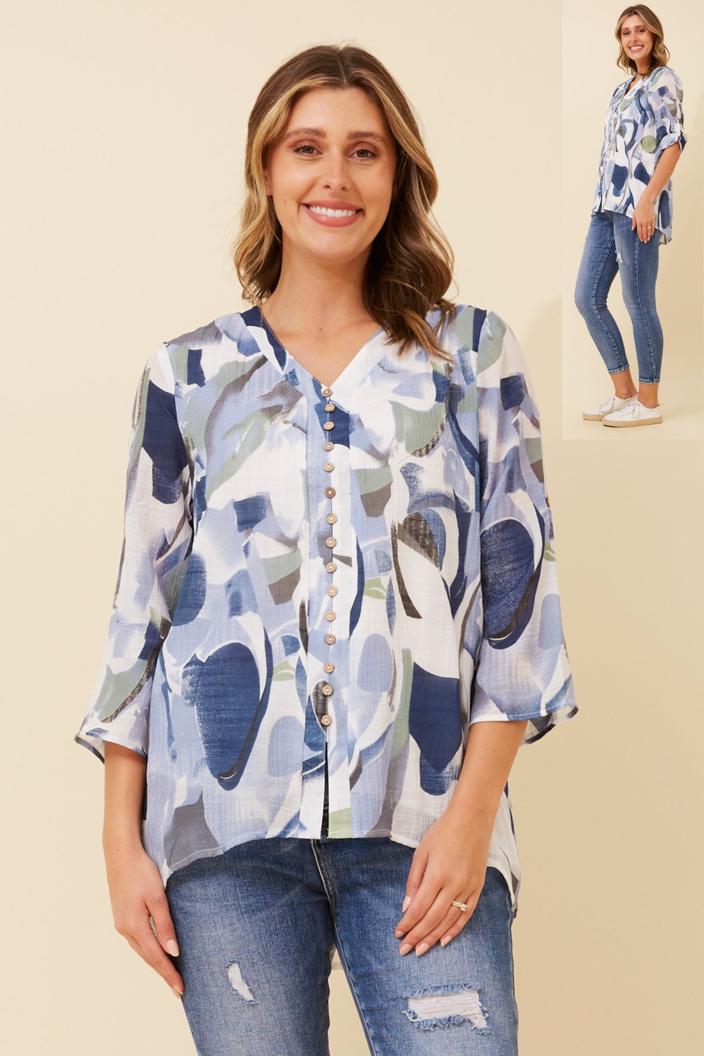 Edie Floral Print Button Top - Blue T520603