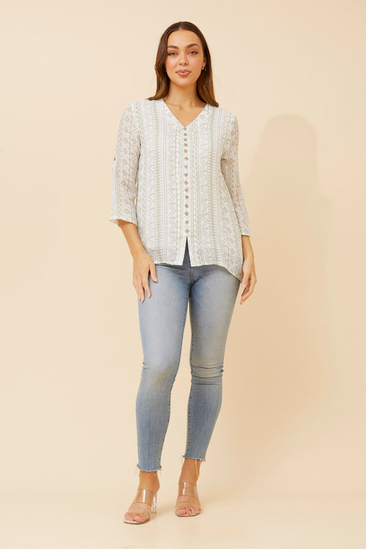 Edie Floral Print Button Top - Sage T523602