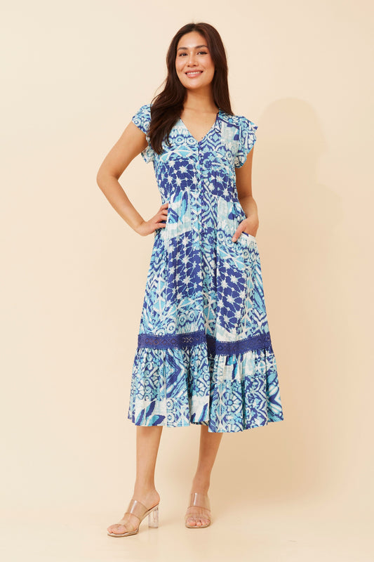 Serena Abstract Print Midi Dress - D523256 Blue