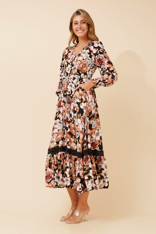 Indi Flower Print Maxi Dress - D524249 Multi Black
