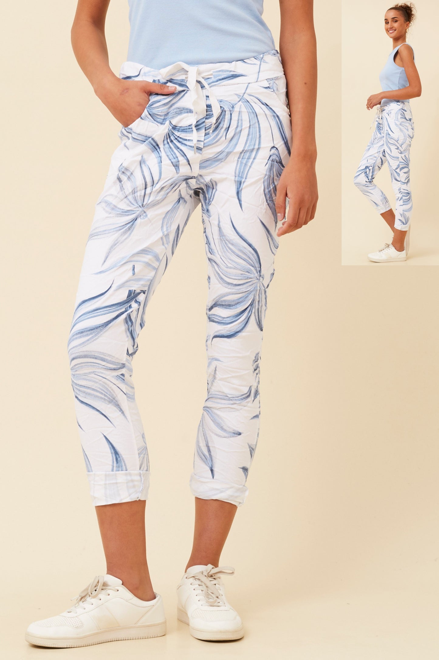 Amore Leaf Print Italian Pant P523833 White
