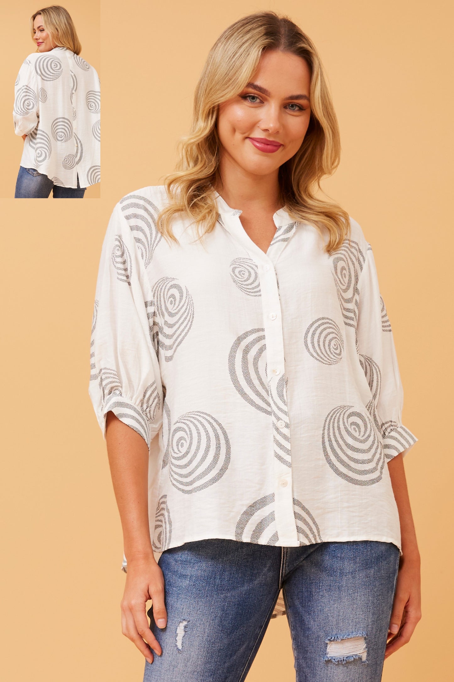 Alicia Printed Back Button Top T519118 White