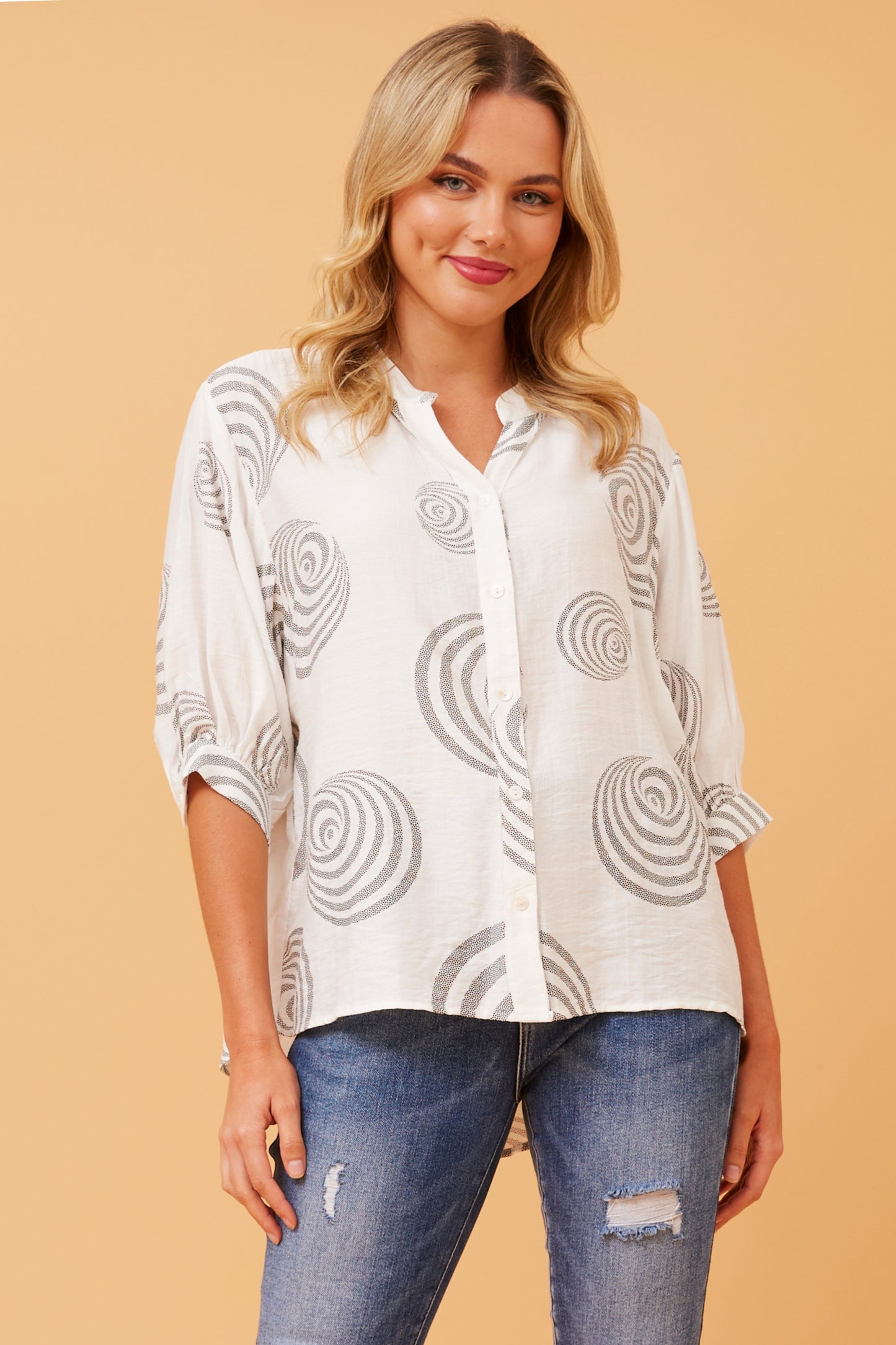 Alicia Printed Back Button Top T519118 White