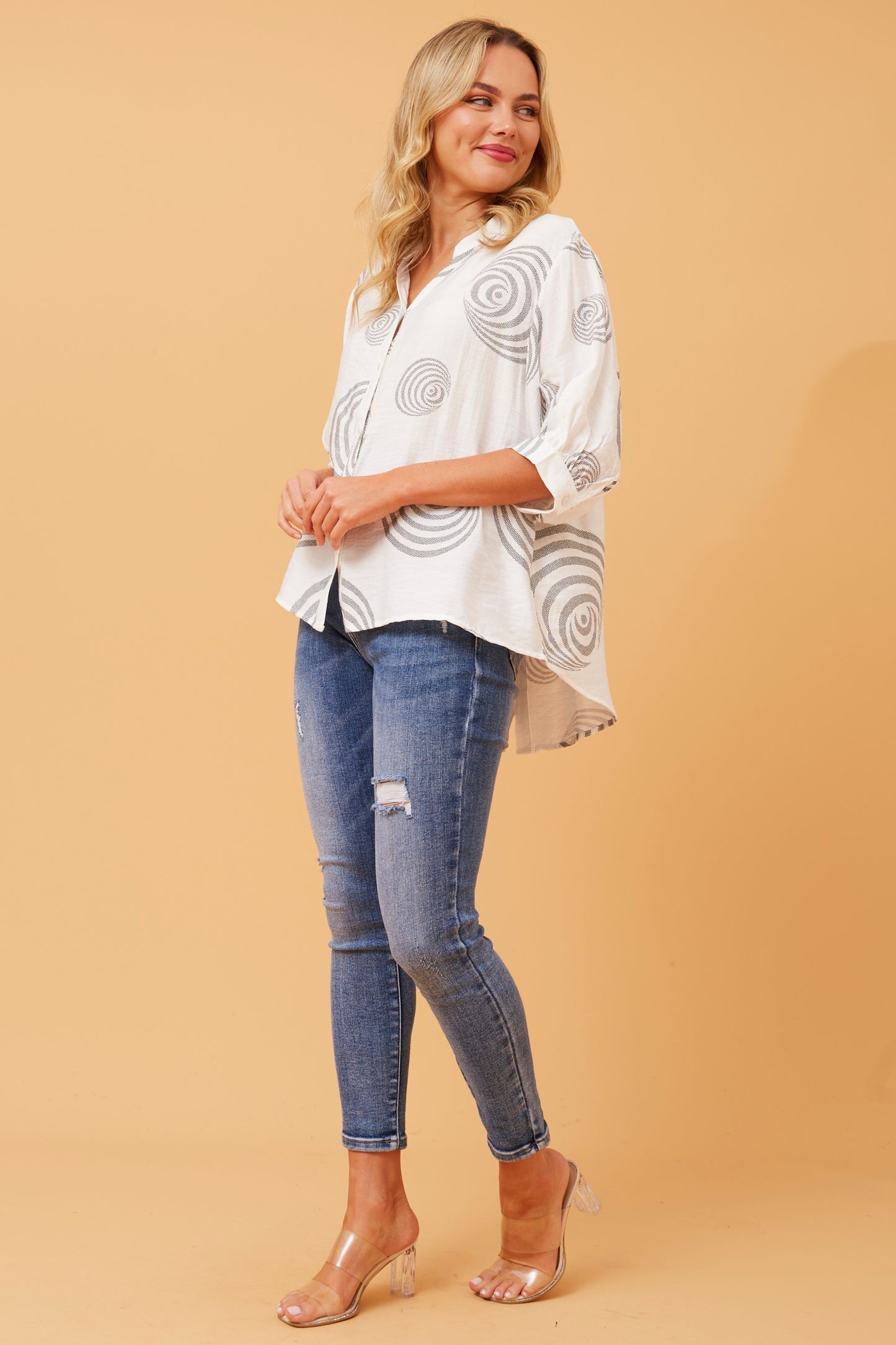 Alicia Printed Back Button Top T519118 White