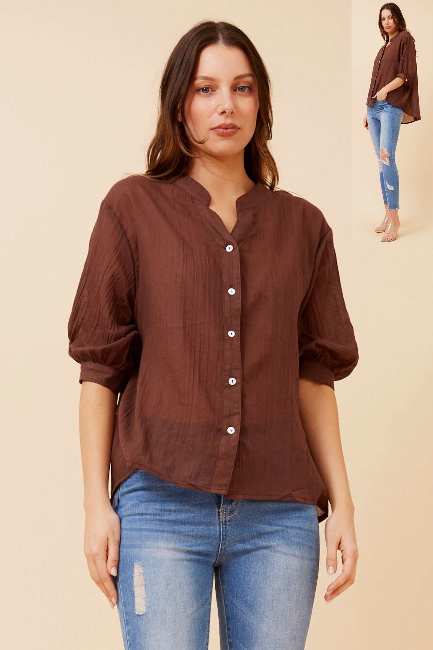 Rosa Shirt with Back Button Detail -Bitter Chocolate T511586
