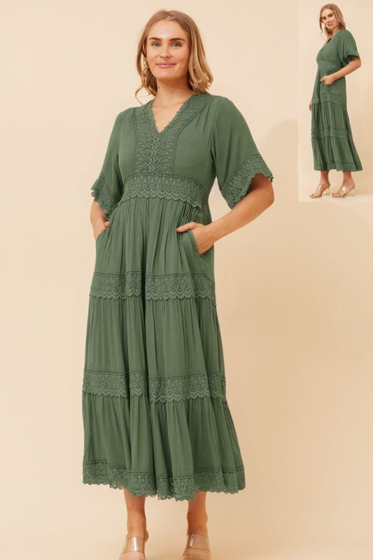 Alexia Lace Trim Dress - Khaki D512419