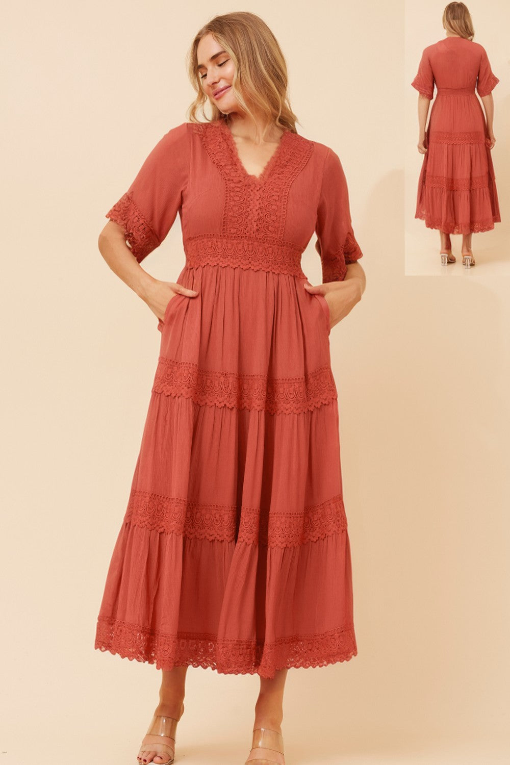 Alexia Lace Trim Dress - Terracotta D512419