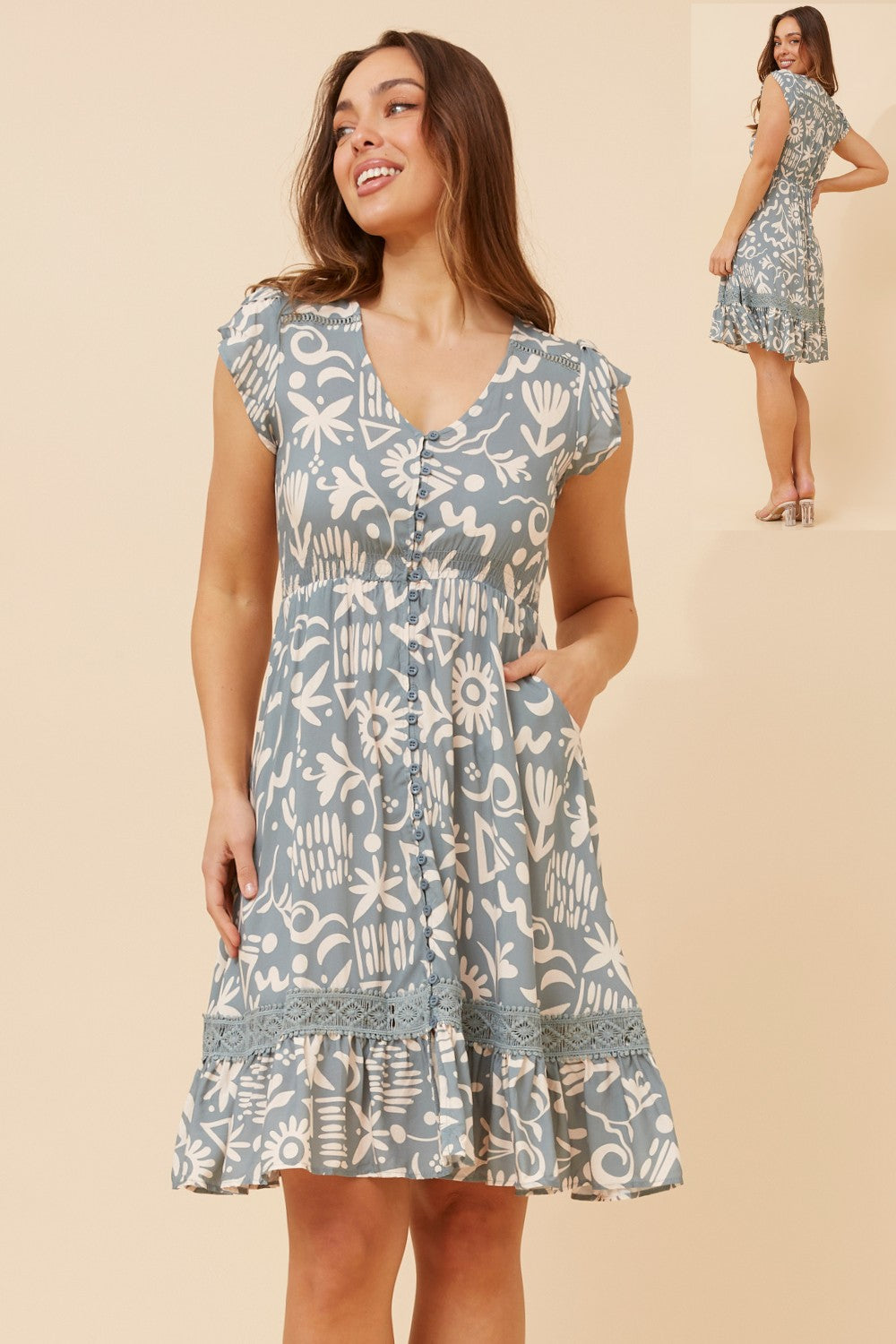 Sova Floral Knee Dress - Sage D523297