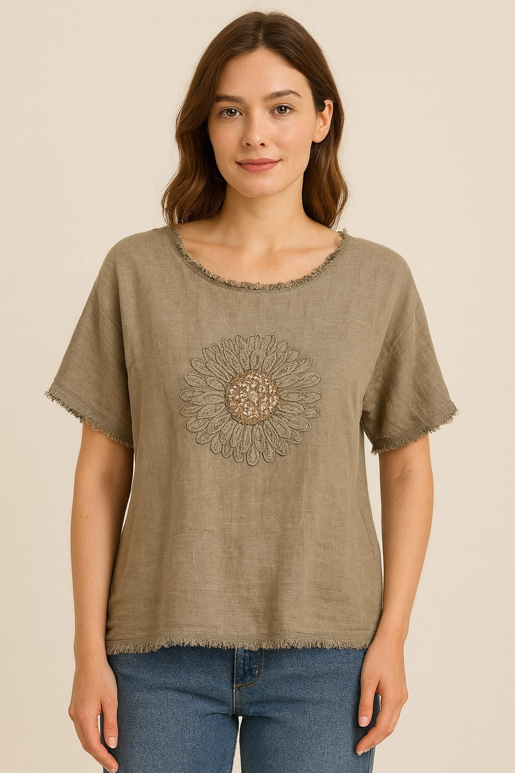 Liliana Italian Floral Patchwork Top T516062 Fango