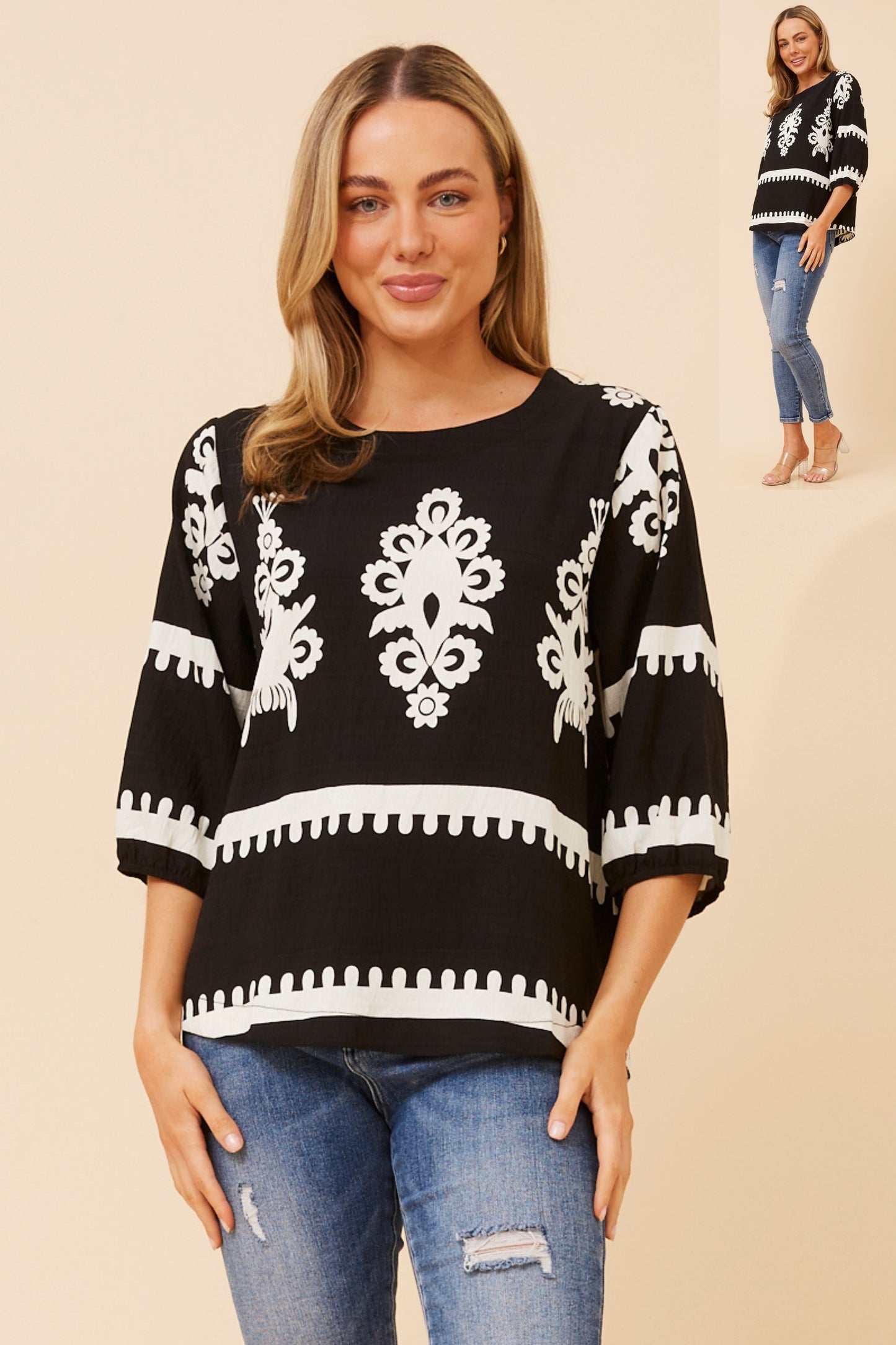 Amara Boho Print Blouse T523165 Black/White