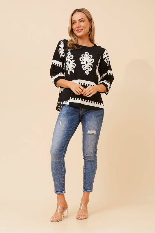 Amara Boho Print Blouse T523165 Black/White